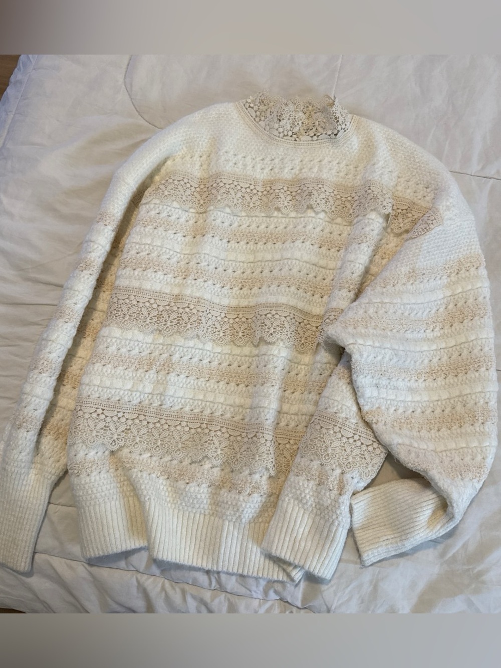 Zara Cream Lace-Trim Cable Crewneck Sweater